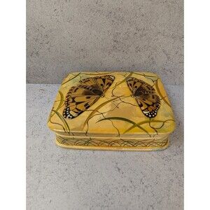 Vintage Hand-Painted Butterfly Trinket Box – Raised Relief Design – Yellow Flora